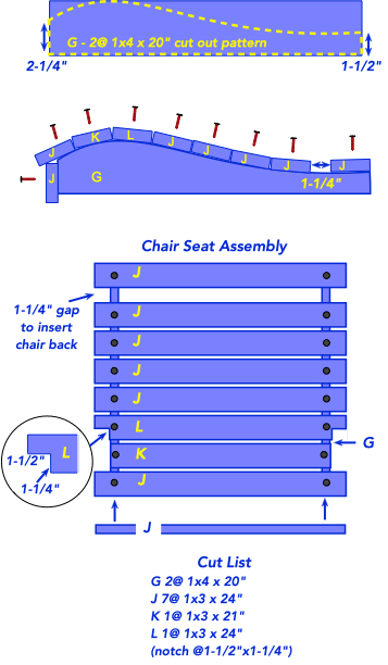diagram of parts for building an Adirondack chair seat