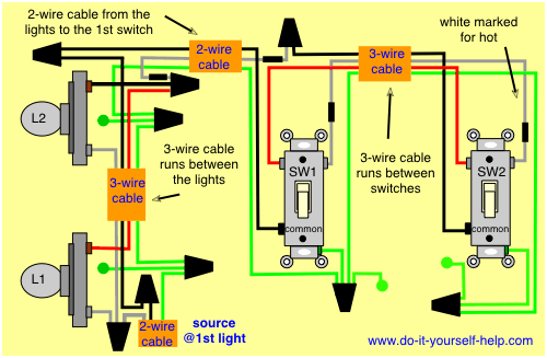 3 Way and 4 Way Wiring Diagrams with Multiple Lights - Do-it-yourself-help.com
