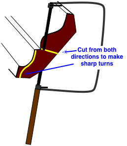 drawing illustrating the first cut with a coping saw on molding profile