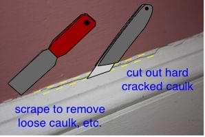 drawing demonstrating how to remove old, cracked caulking along a baseboard molding