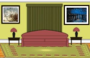 drawing of an interior room with green walls, a maroon couch, and dark wood end tables