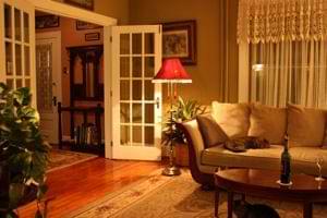 interior of a living room with french doors