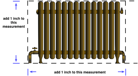 drawing demonstrating how to measure the front of a cast iron radiator