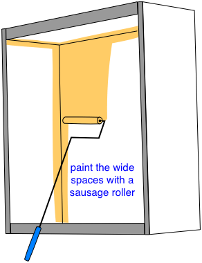 demonstration of painting a cabinet interior with a roller